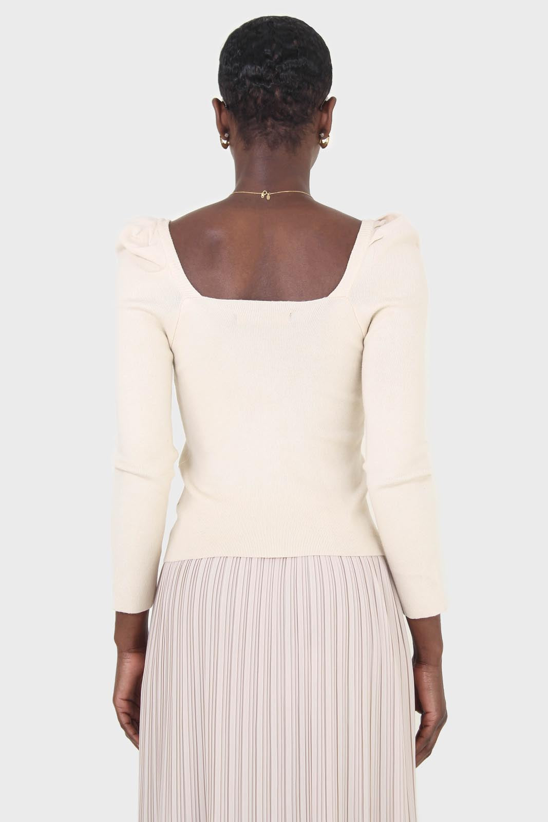 Beige gathered front long sleeved knit top_2