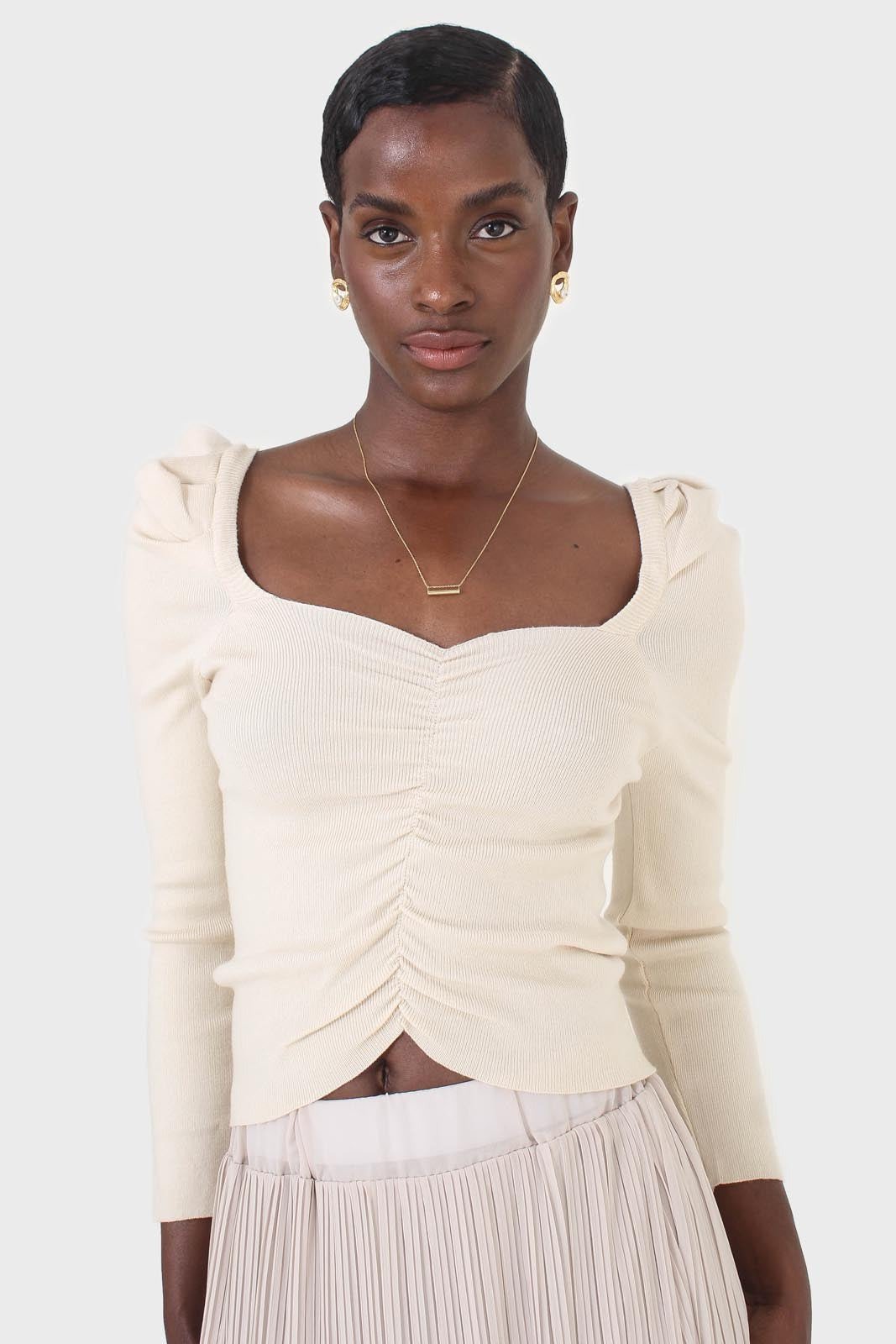 Beige gathered front long sleeved knit top_7