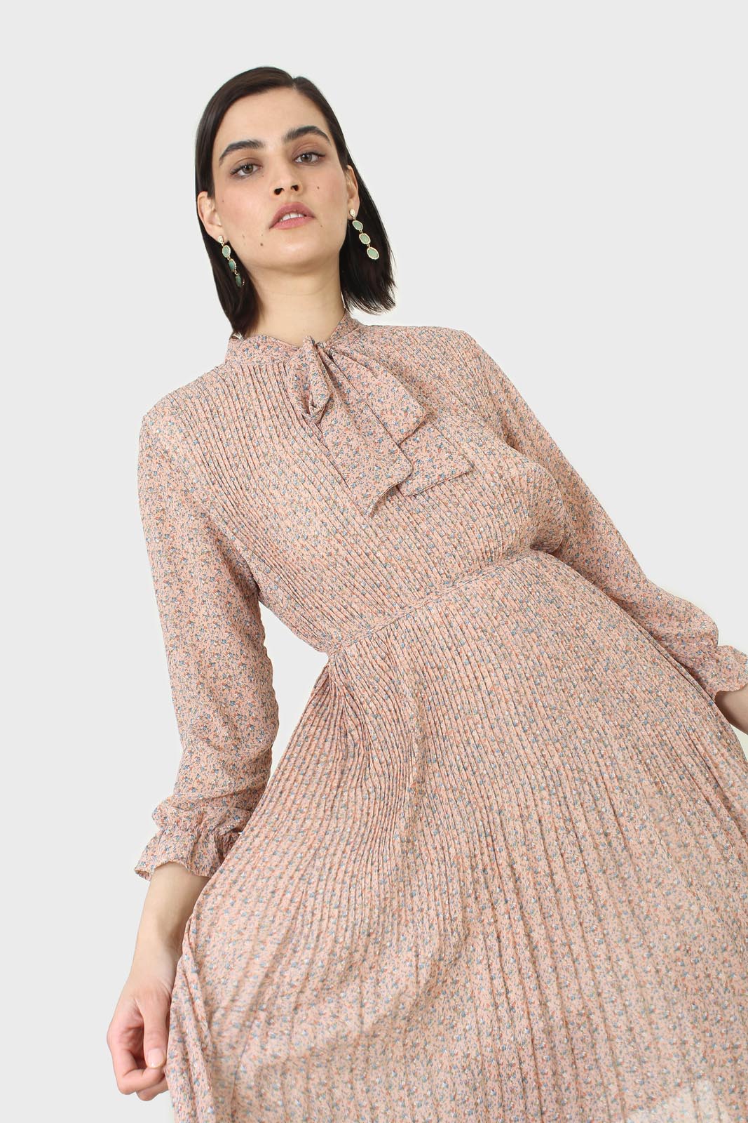 Pink and blue floral print micropleat maxi dress_5