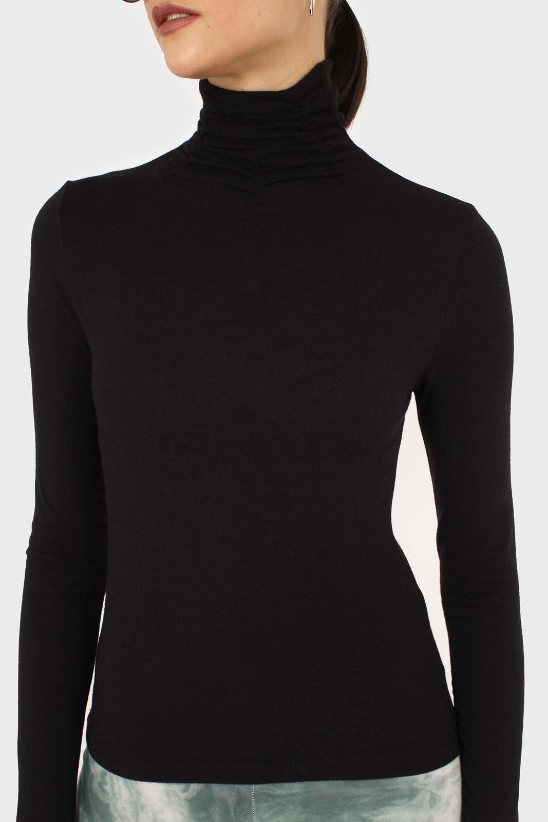 Black shirring neck jersey turtleneck top_7
