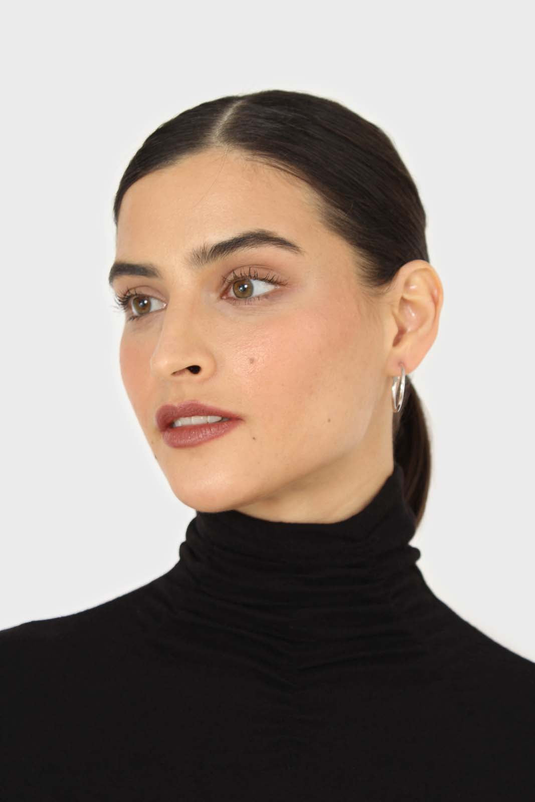 Black shirring neck jersey turtleneck top_8