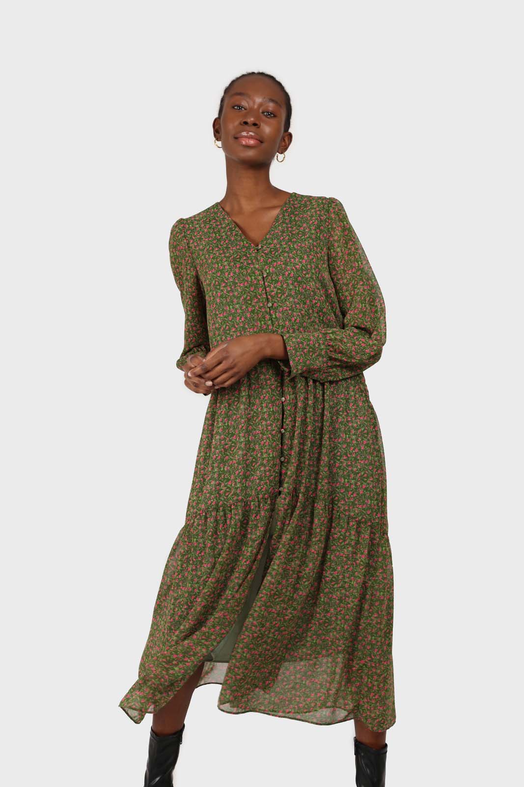 Khaki button front floral maxi dress_2