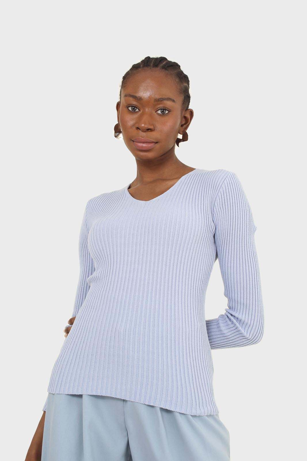 Light blue V-neck ribbed long sleeved knit_7