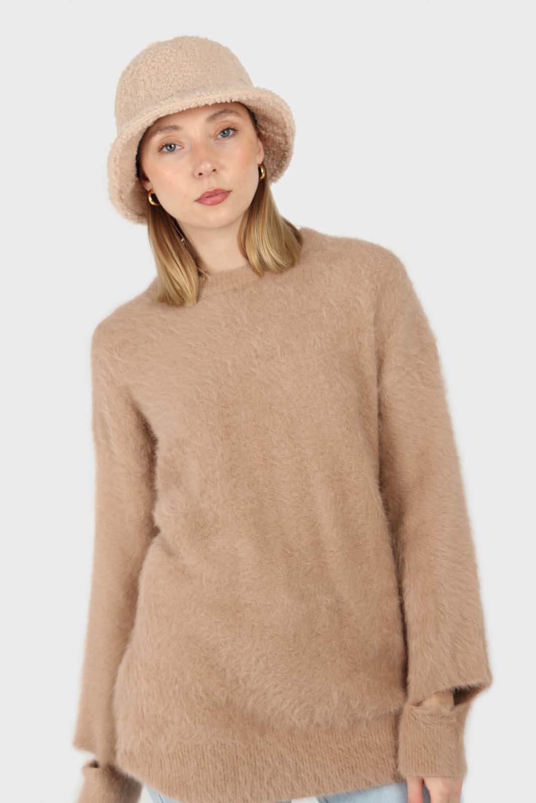 Beige furry angora slit sleeve jumper_2