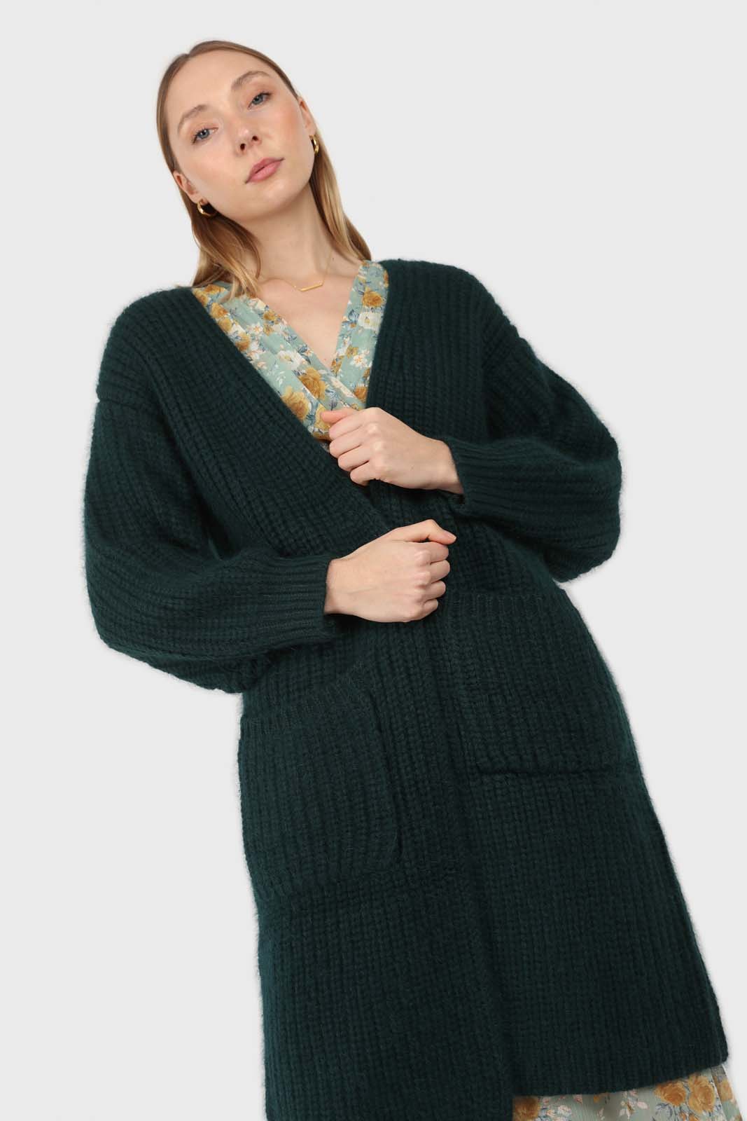 Deep green ribbed angora long cardigan_1