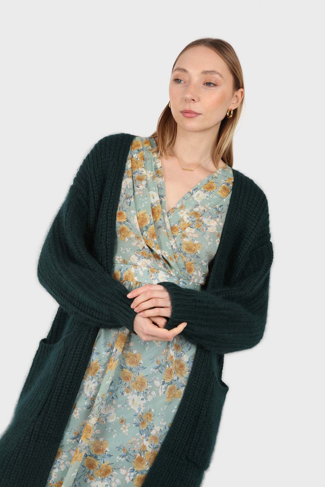 Deep green ribbed angora long cardigan_6