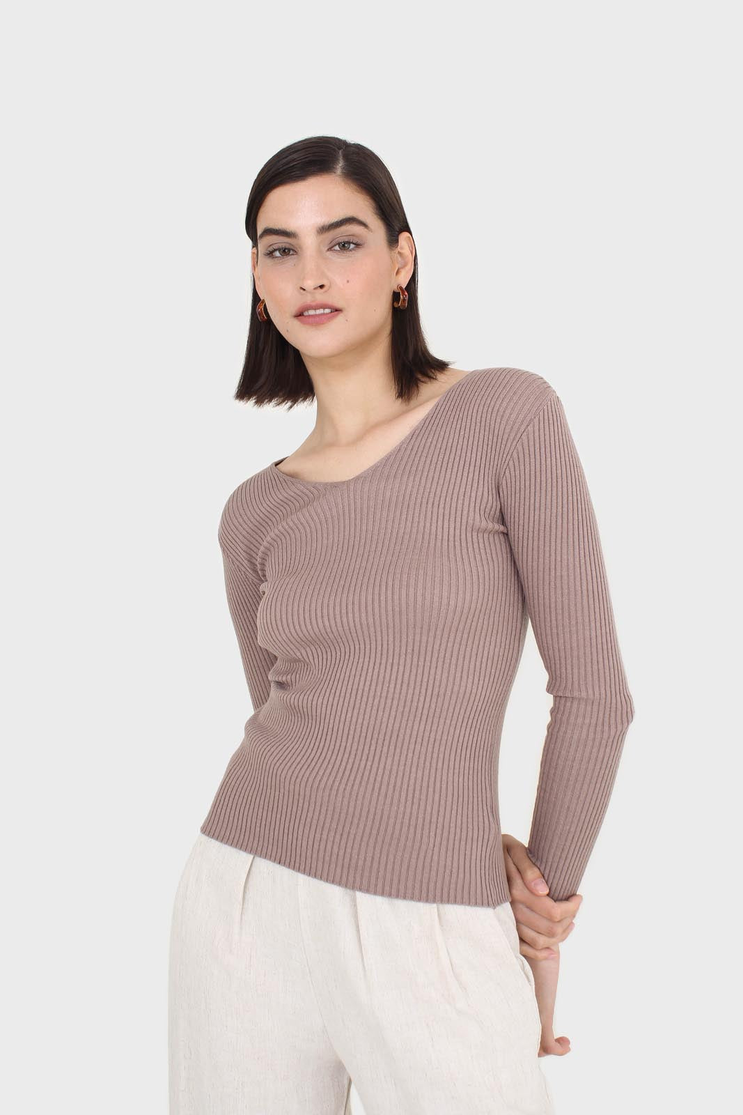 Cocoa V-neck ribbed long sleeved knit top_1