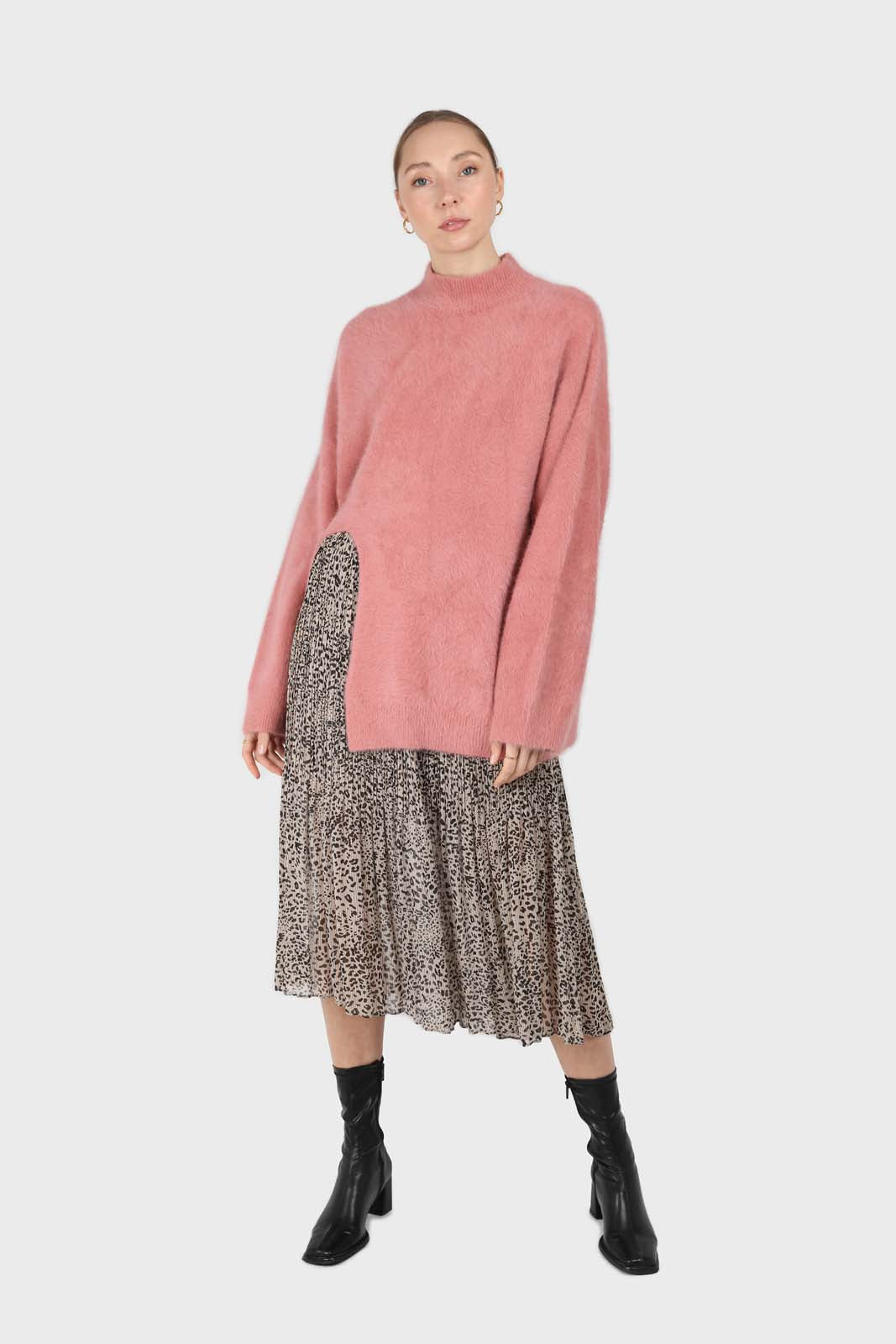 Pink split front mock neck angora long jumper_1