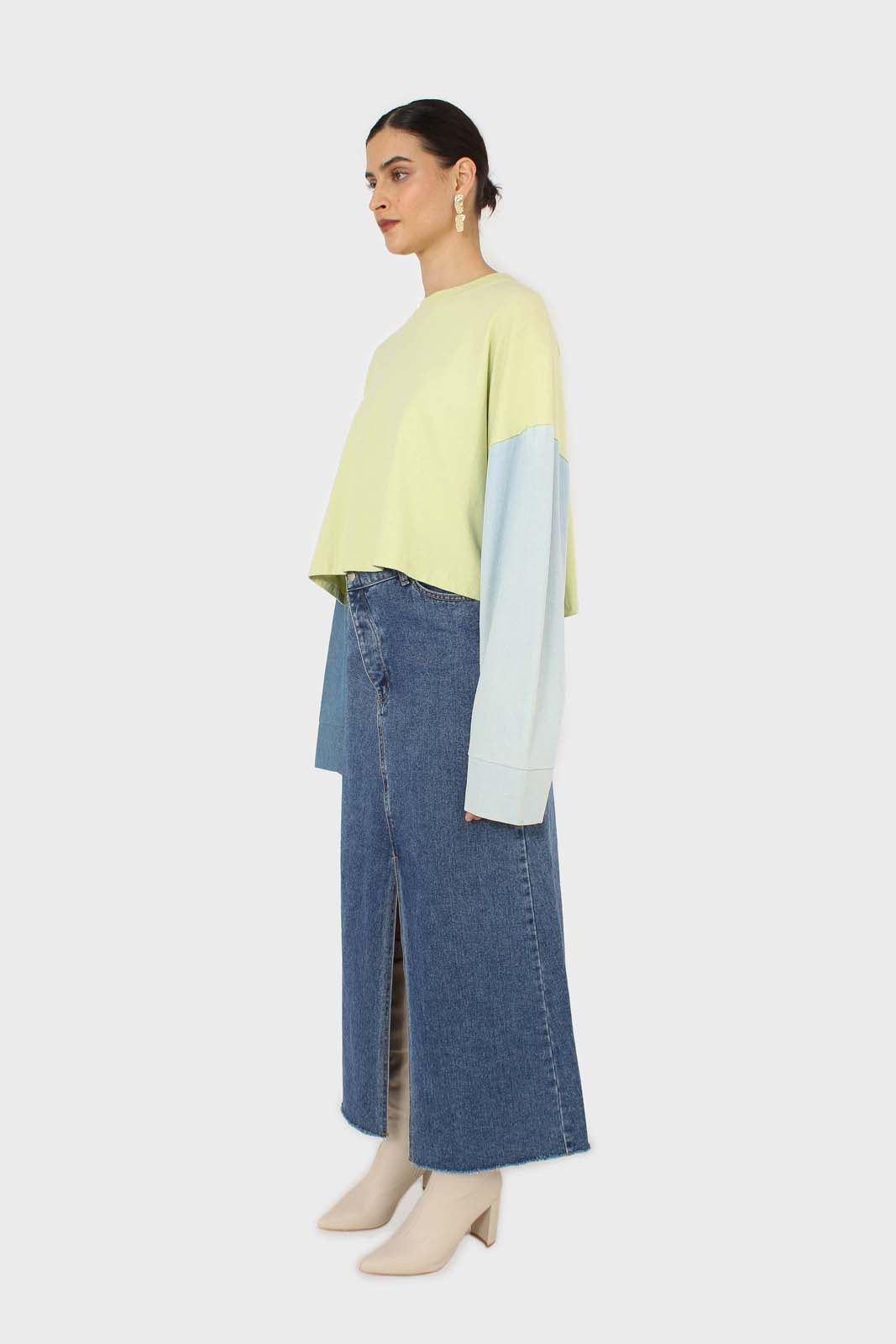 Lime denim colour block sleeve cropped top_4