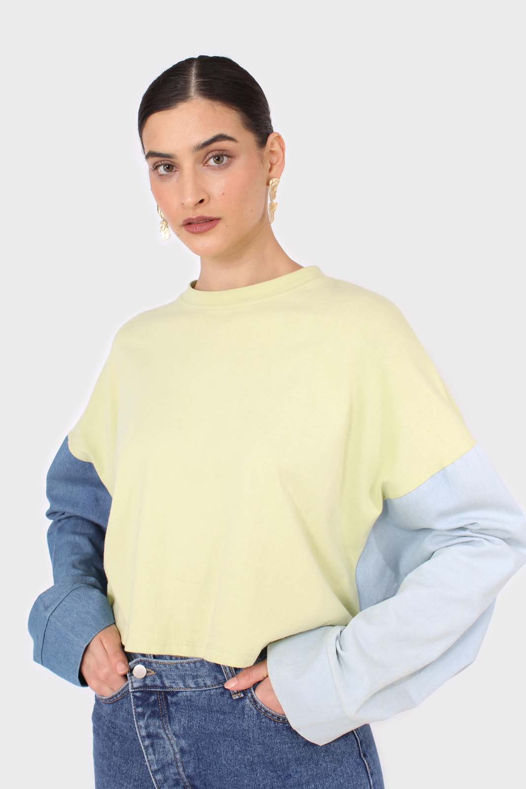 Lime denim colour block sleeve cropped top_1