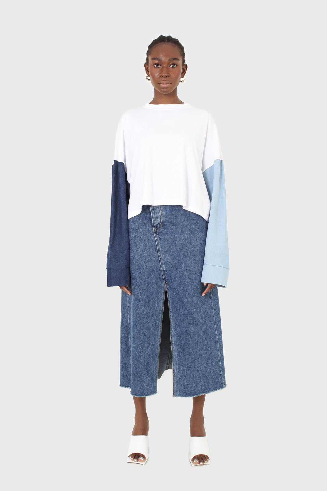 White denim colour block sleeve cropped top_3