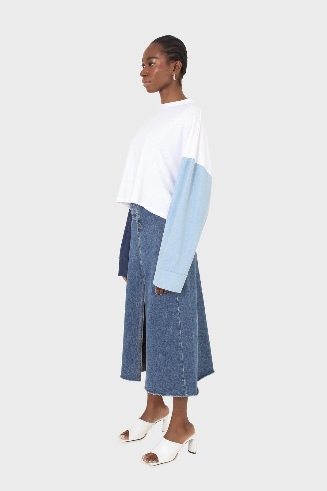 White denim colour block sleeve cropped top_5