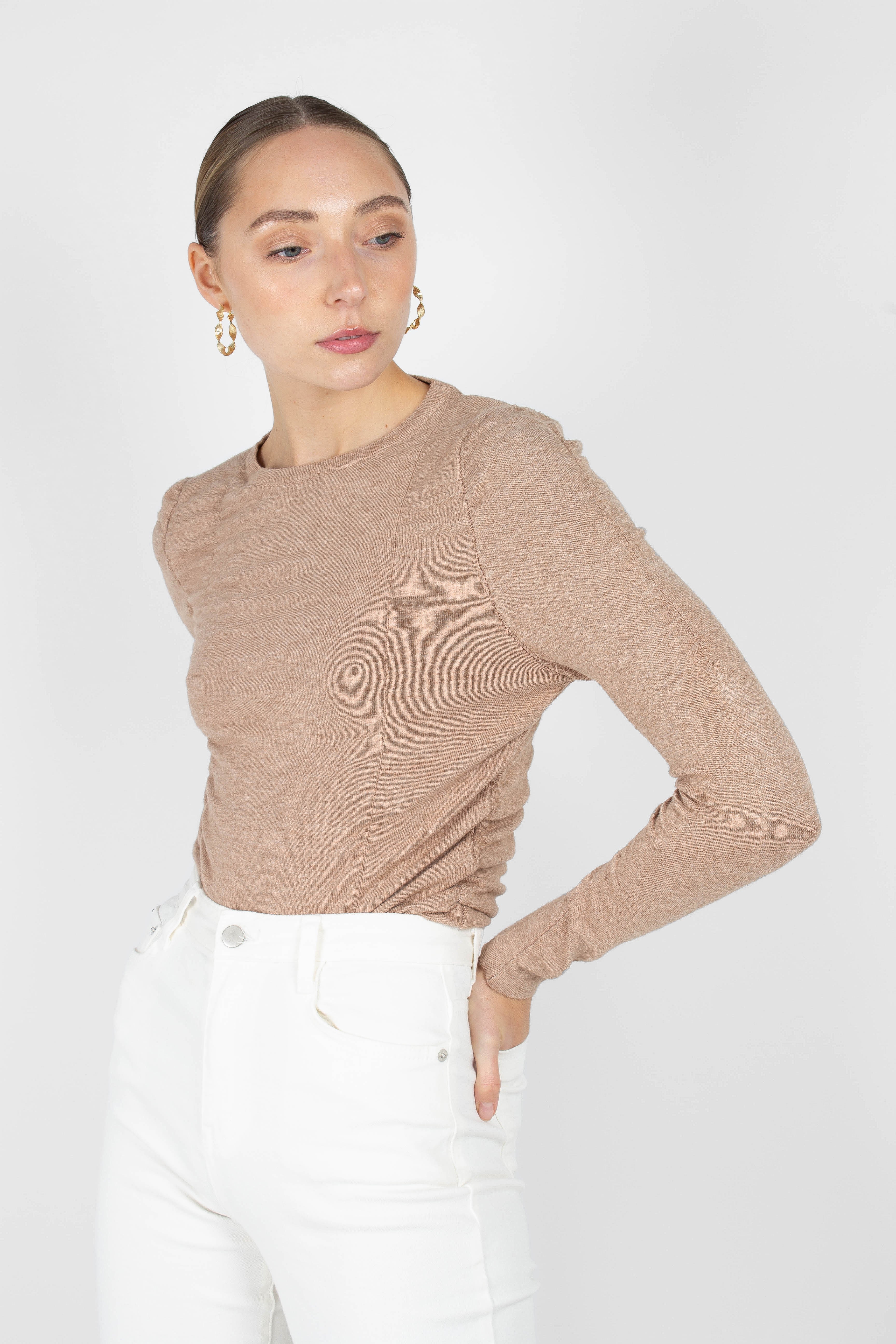 Beige shirring jersey long sleeved top_2