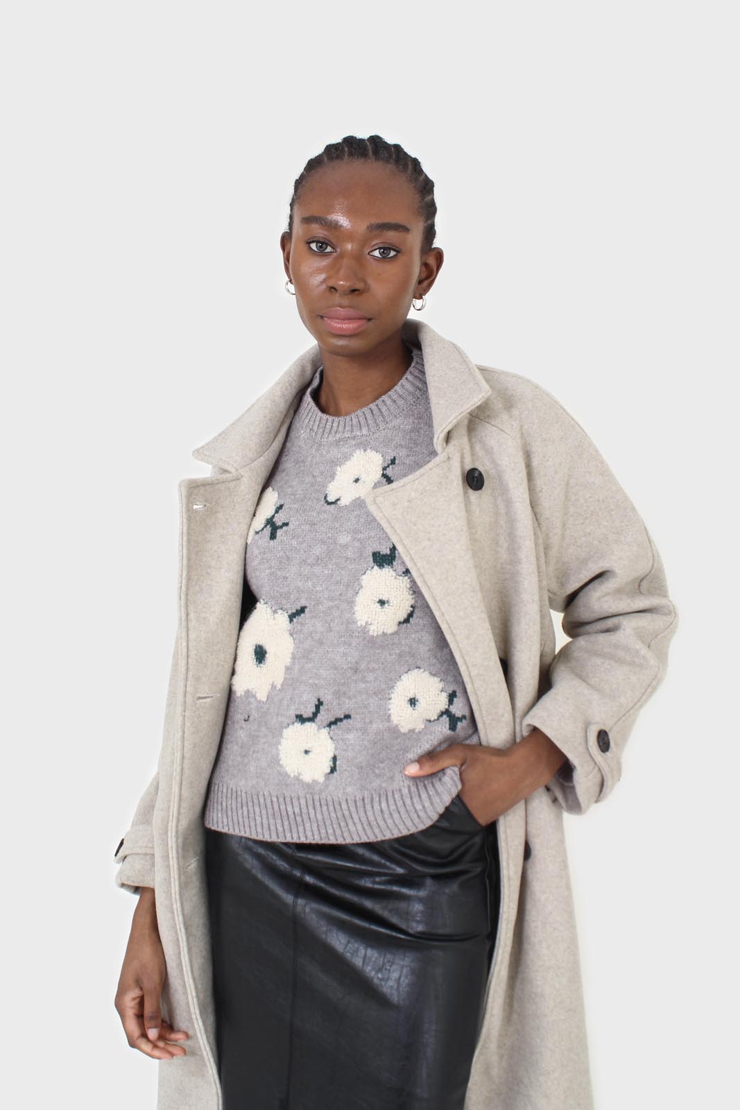 Oatmeal double breasted long coat_6