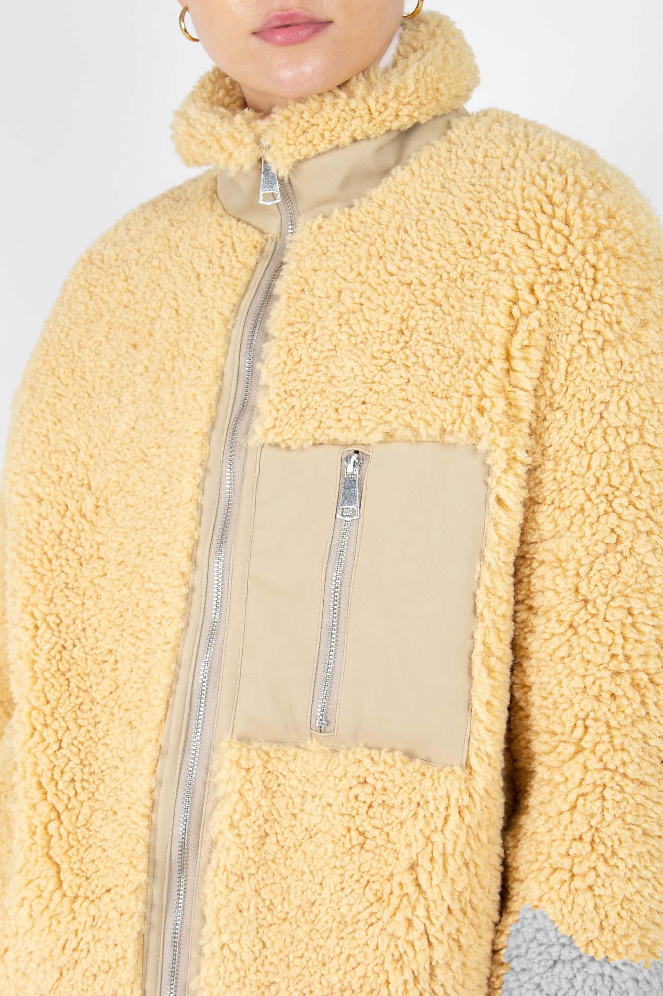 Yellow thick fuzzy contrast zip fleece_2