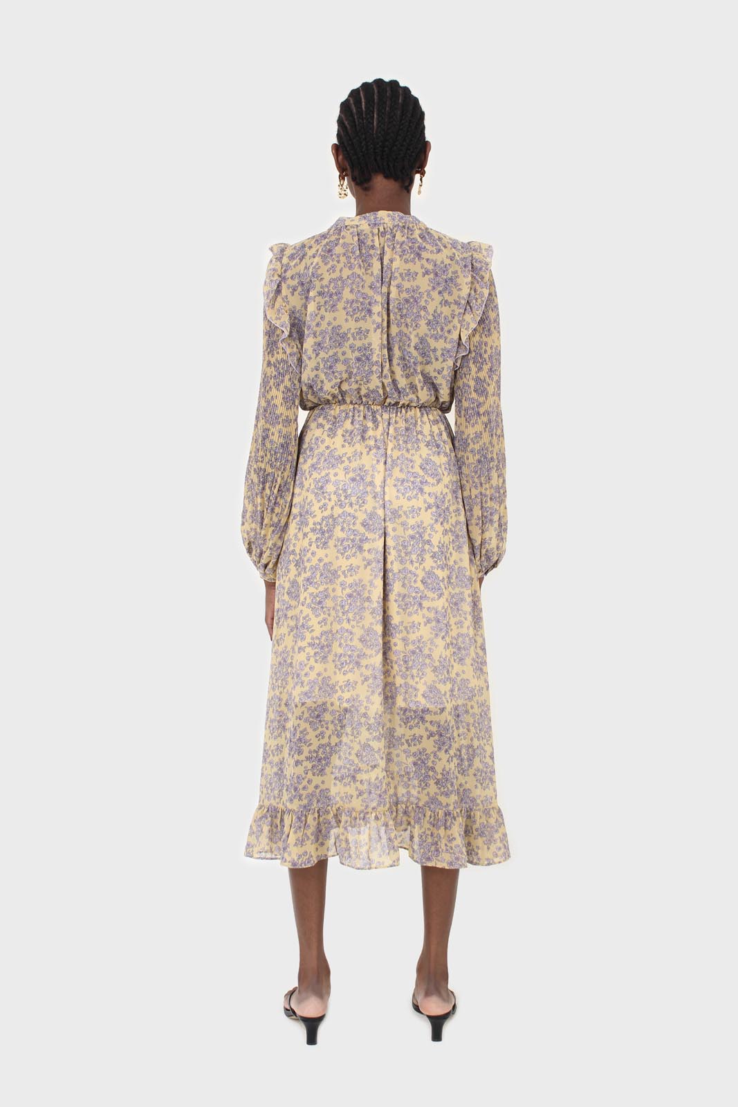 Yellow and grey floral print ruffle trim maxi dress_5