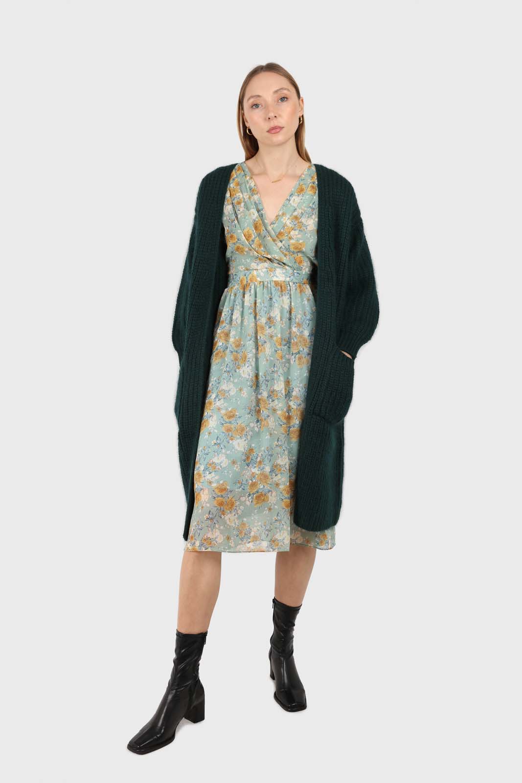 Light blue and mustard floral print layered V dress_4