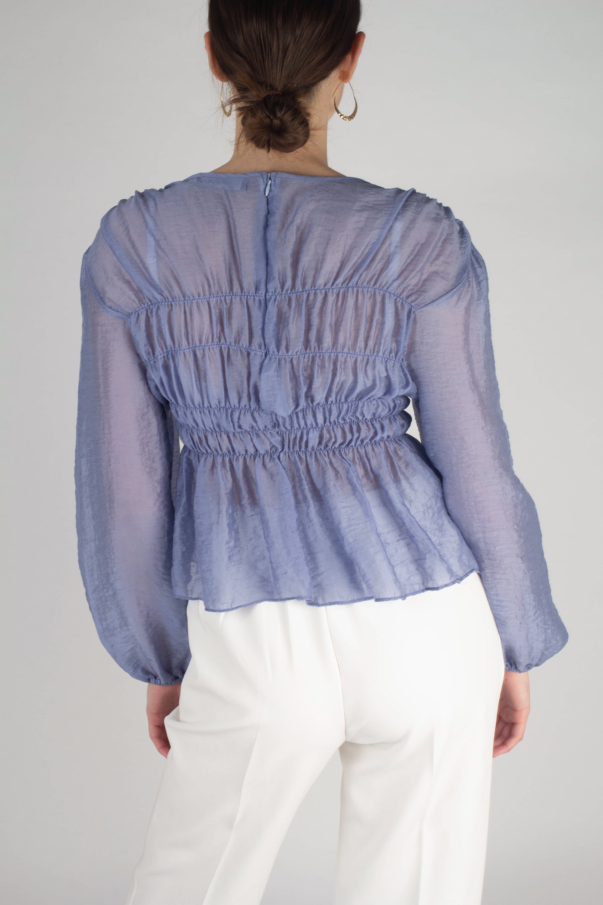 Mid blue silky ruched long sleeved blouse_8