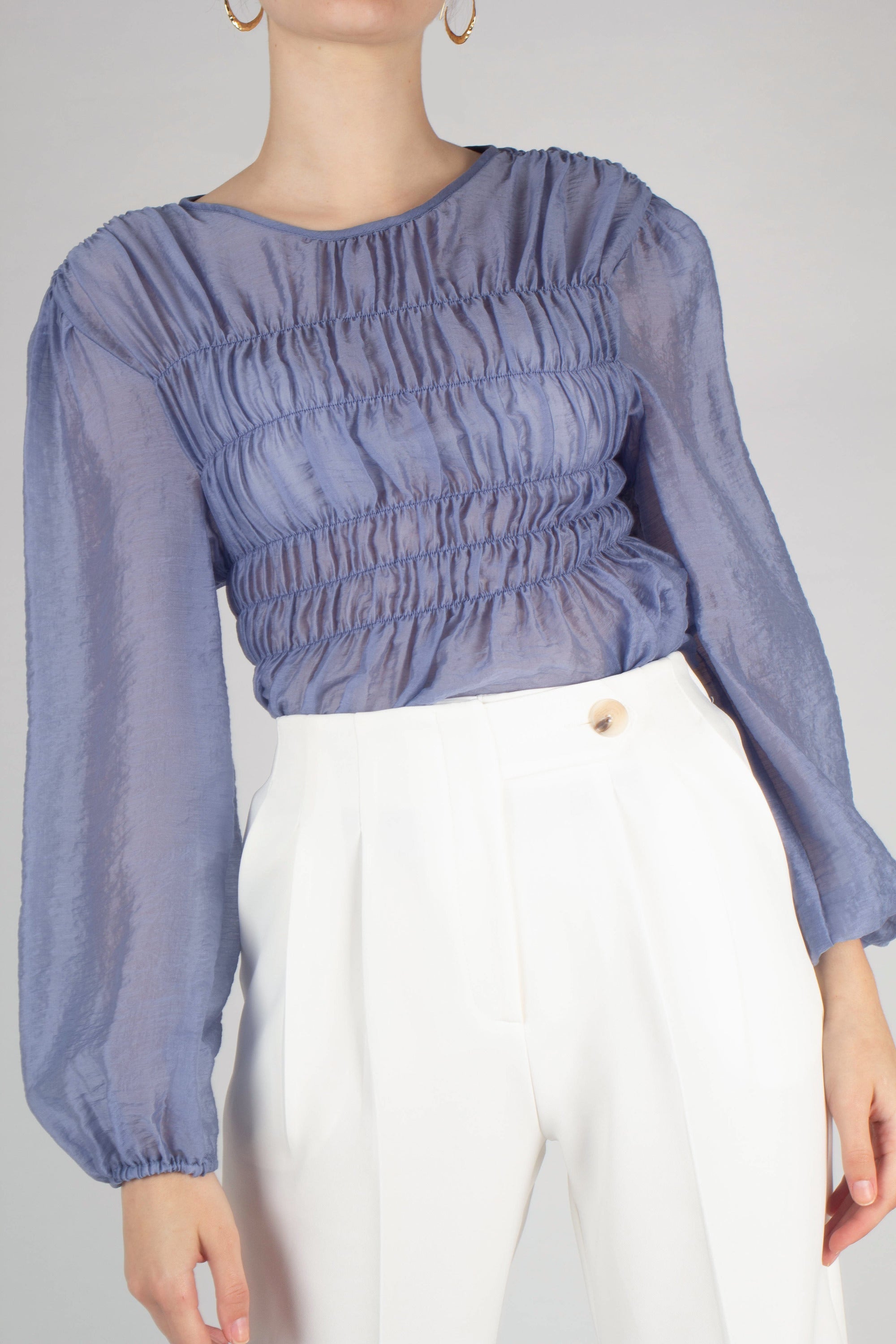Mid blue silky ruched long sleeved blouse_10