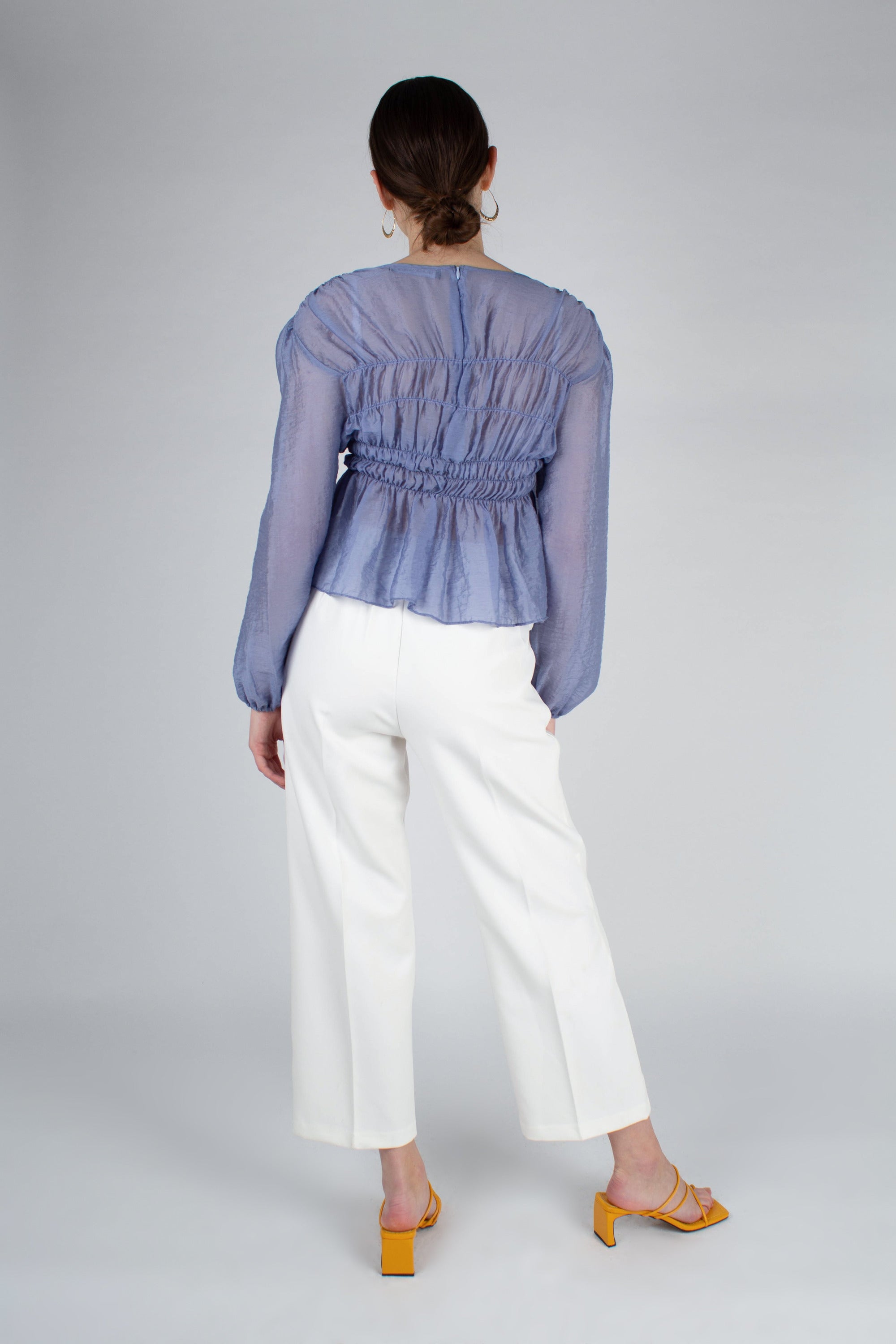 Mid blue silky ruched long sleeved blouse_11