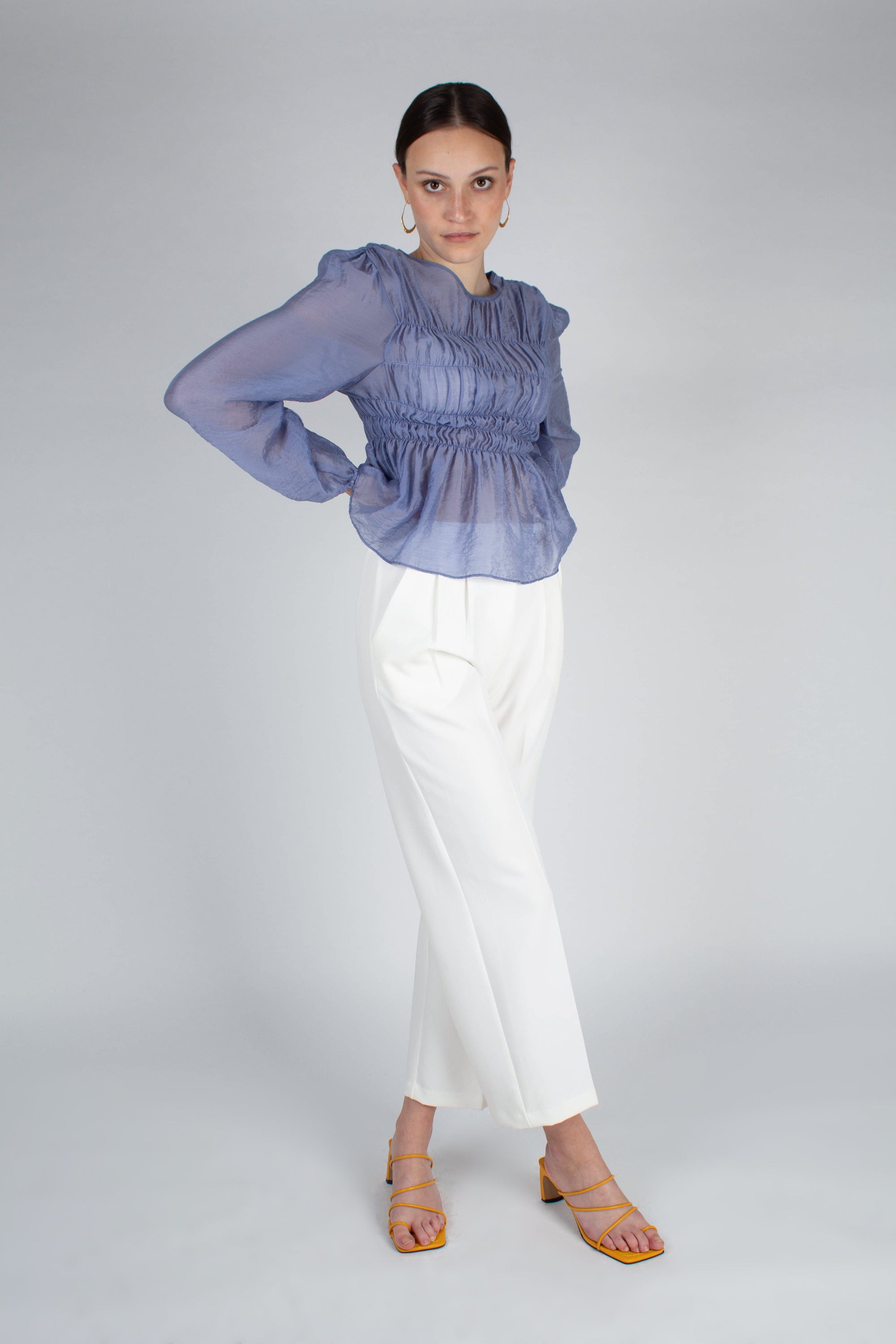Mid blue silky ruched long sleeved blouse_6