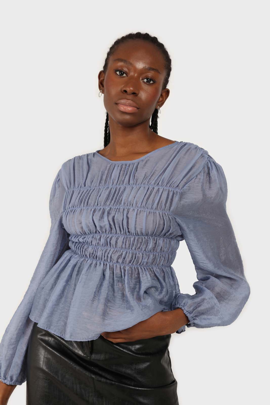 Mid blue silky ruched long sleeved blouse_1