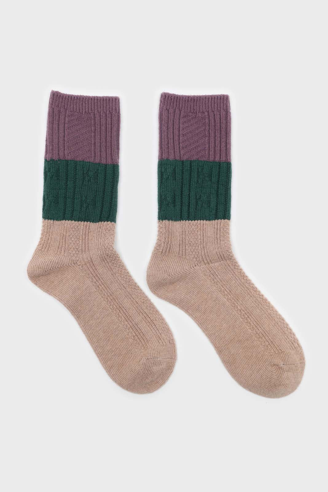 Beige green and purple triple colorblock socks_4