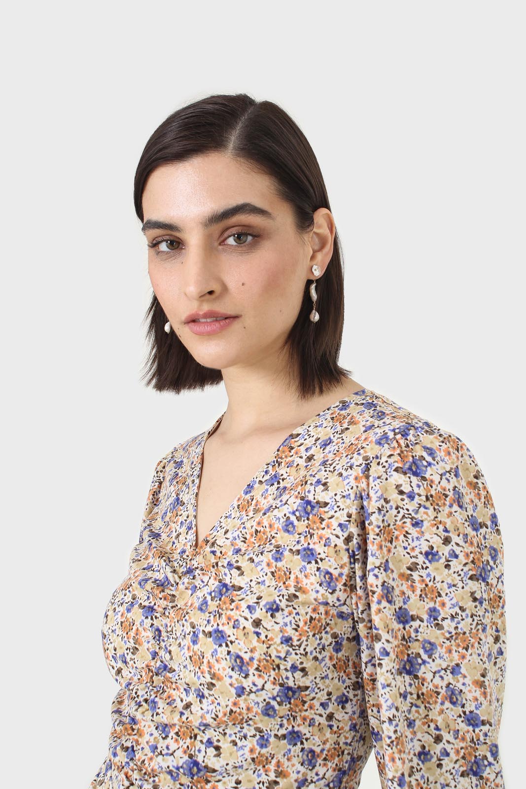 Ivory and orange floral ruched mini dress_10