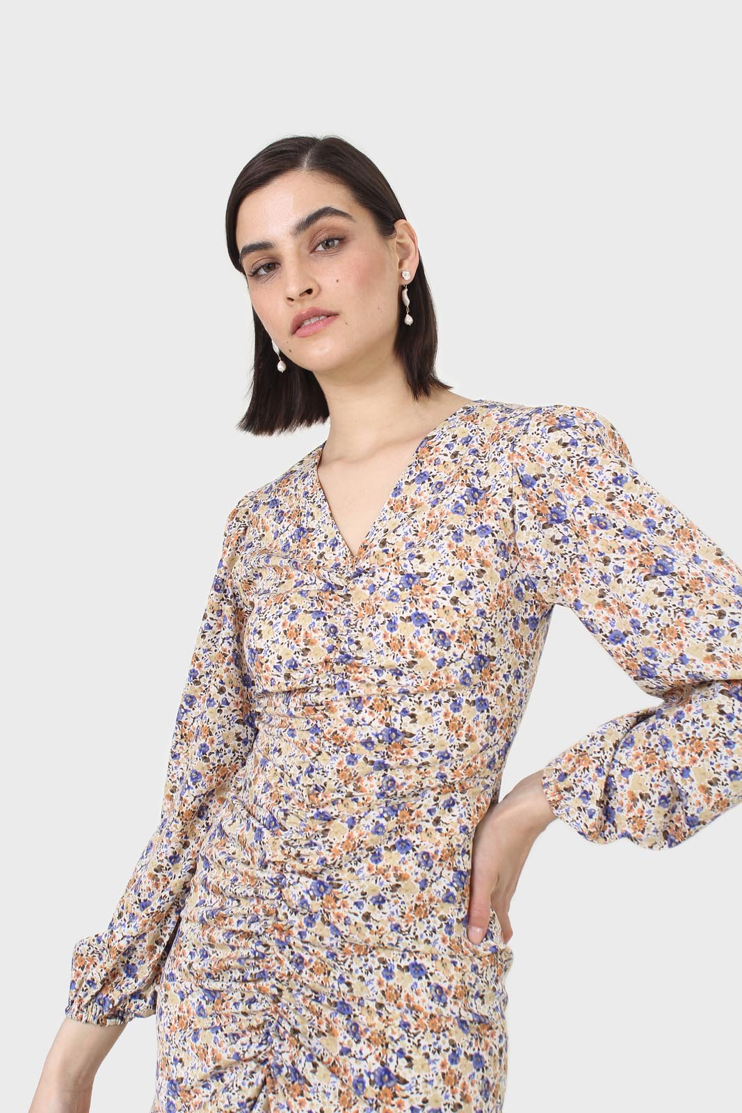 Ivory and orange floral ruched mini dress_12