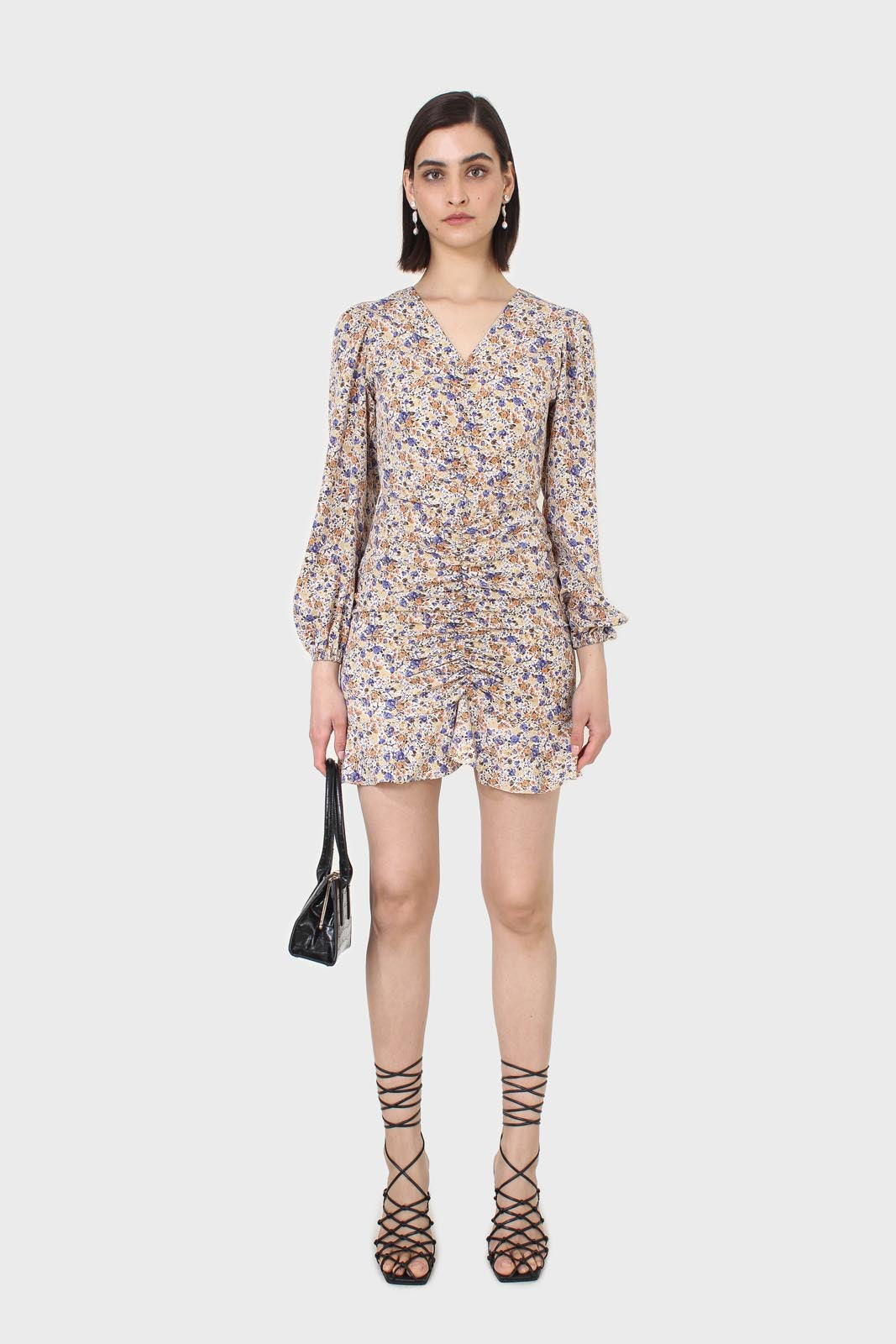 Ivory and orange floral ruched mini dress_1