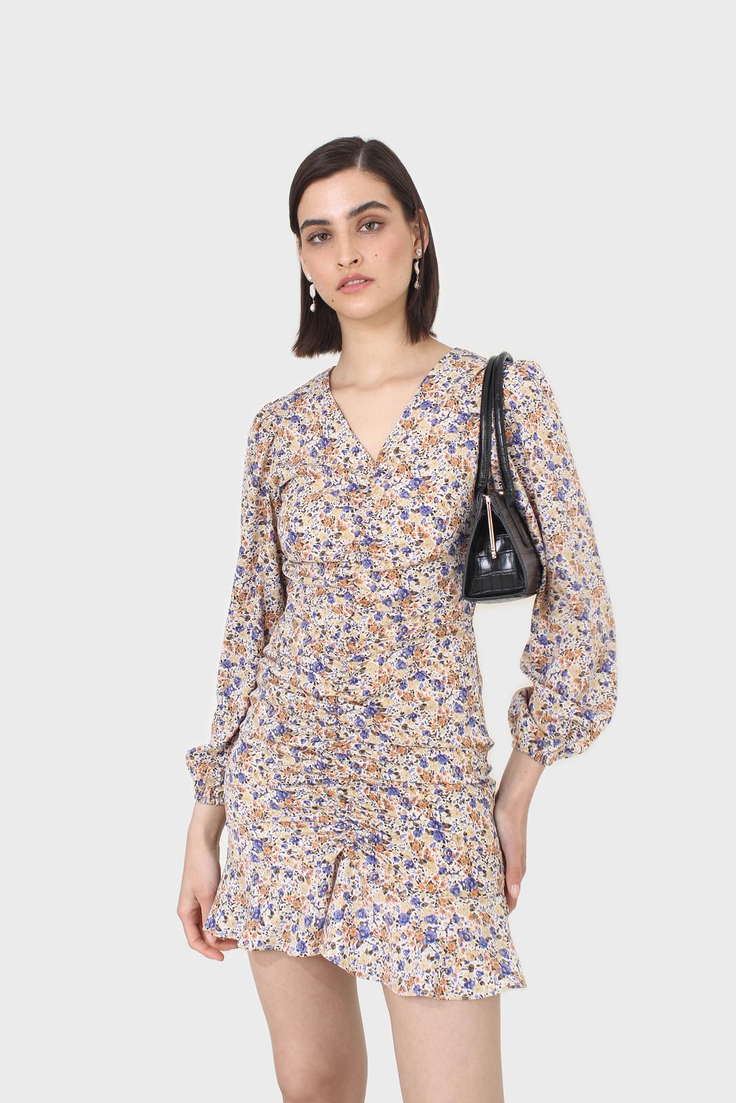 Ivory and orange floral ruched mini dress_6