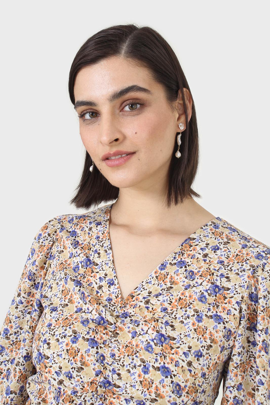 Ivory and orange floral ruched mini dress_9