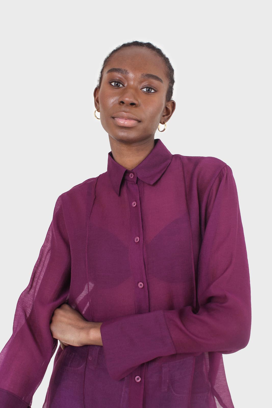 Purple pintuck sheer oversized long shirt_5