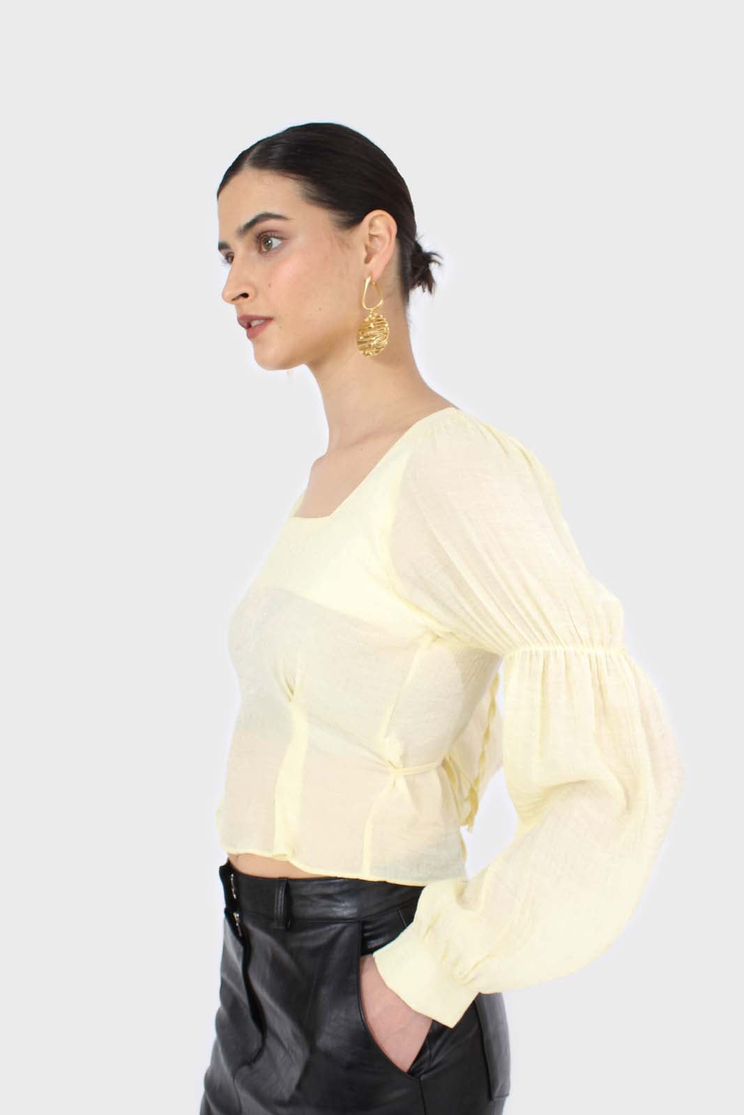 Yellow balloon sleeve bodice tie back top_3