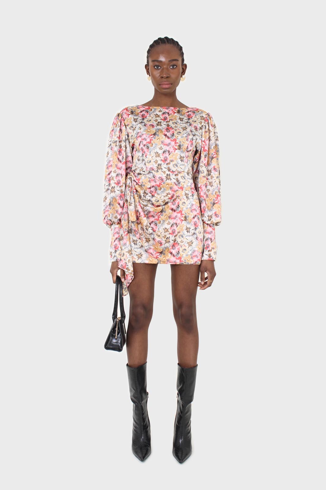 Pink balloon sleeve floral tie waist mini dress_1