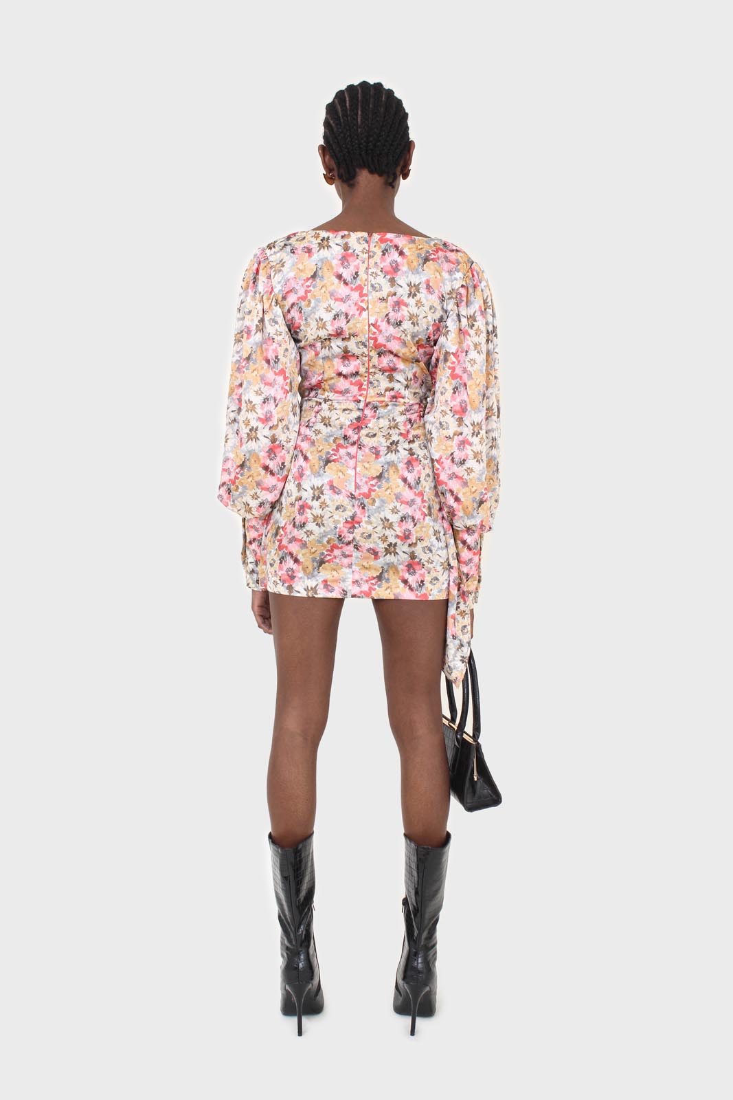 Pink balloon sleeve floral tie waist mini dress_6