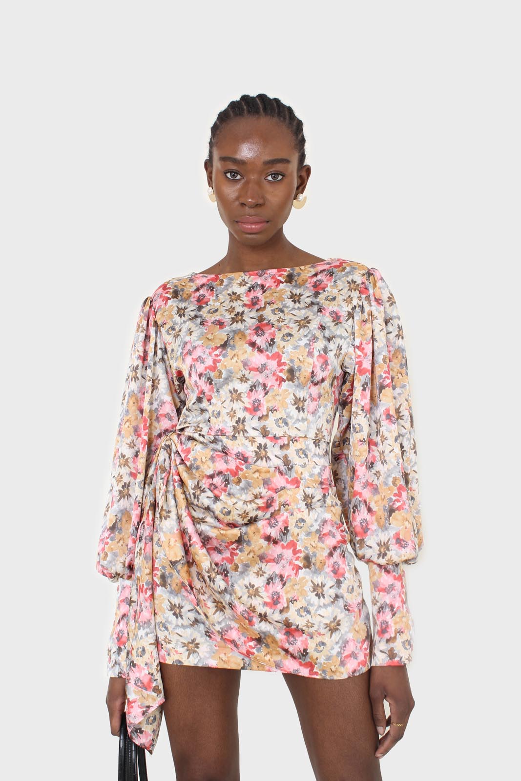 Pink balloon sleeve floral tie waist mini dress_3