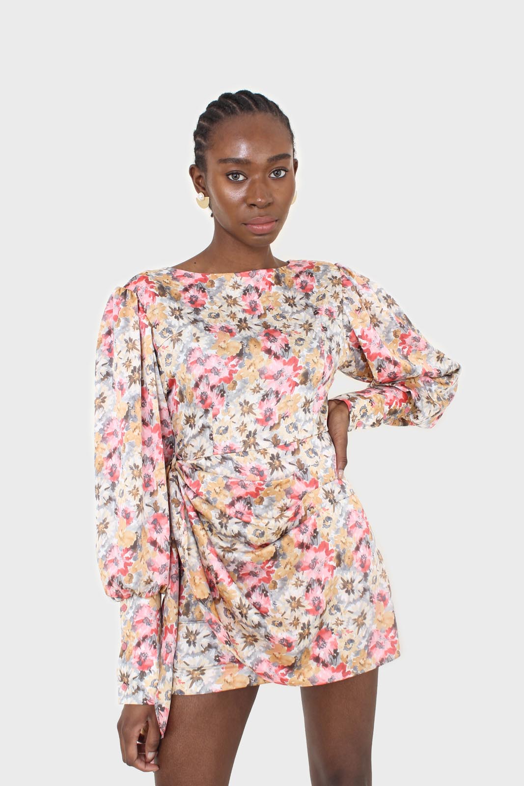 Pink balloon sleeve floral tie waist mini dress_10