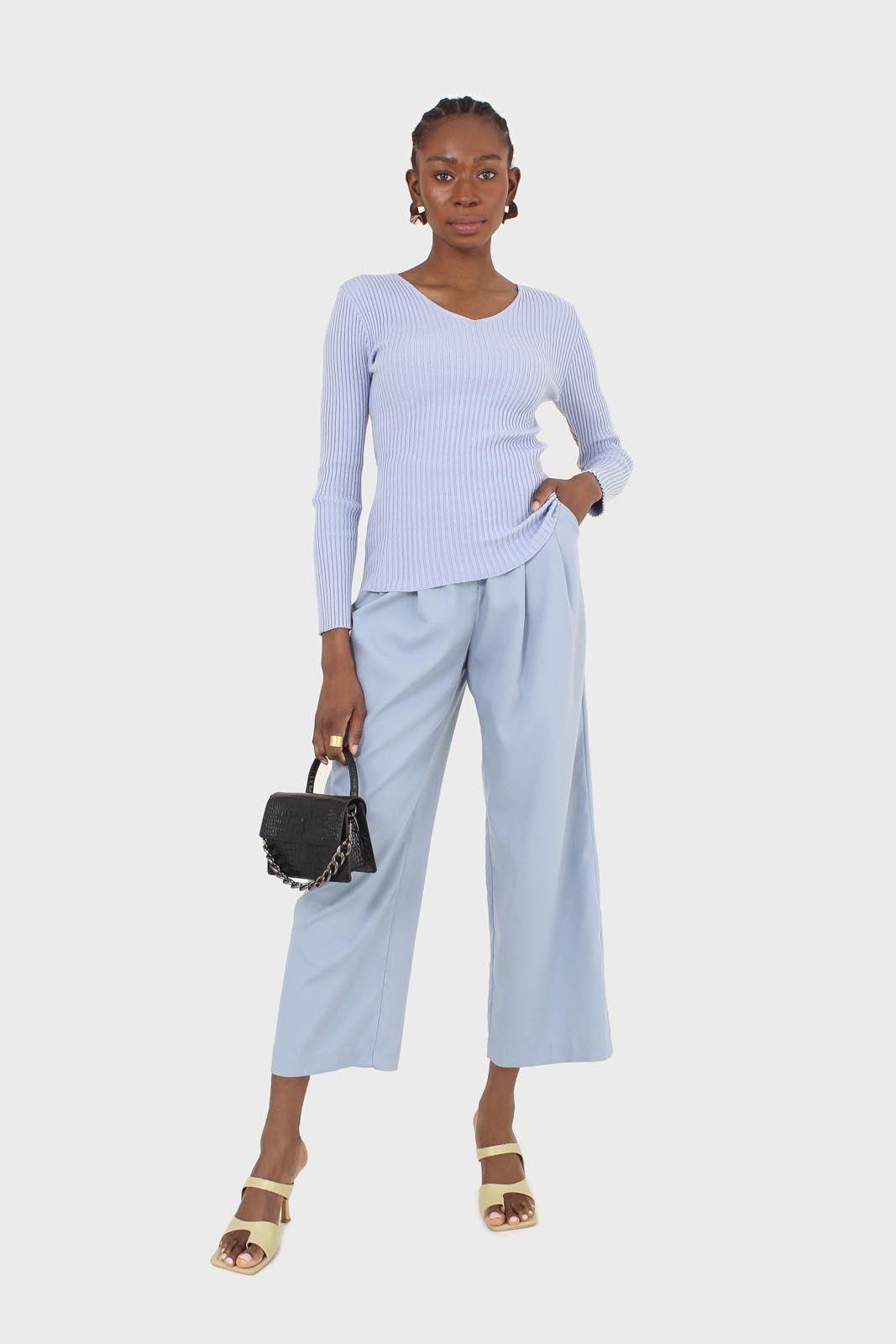 Mid blue wide leg tab waist smart trousers_4