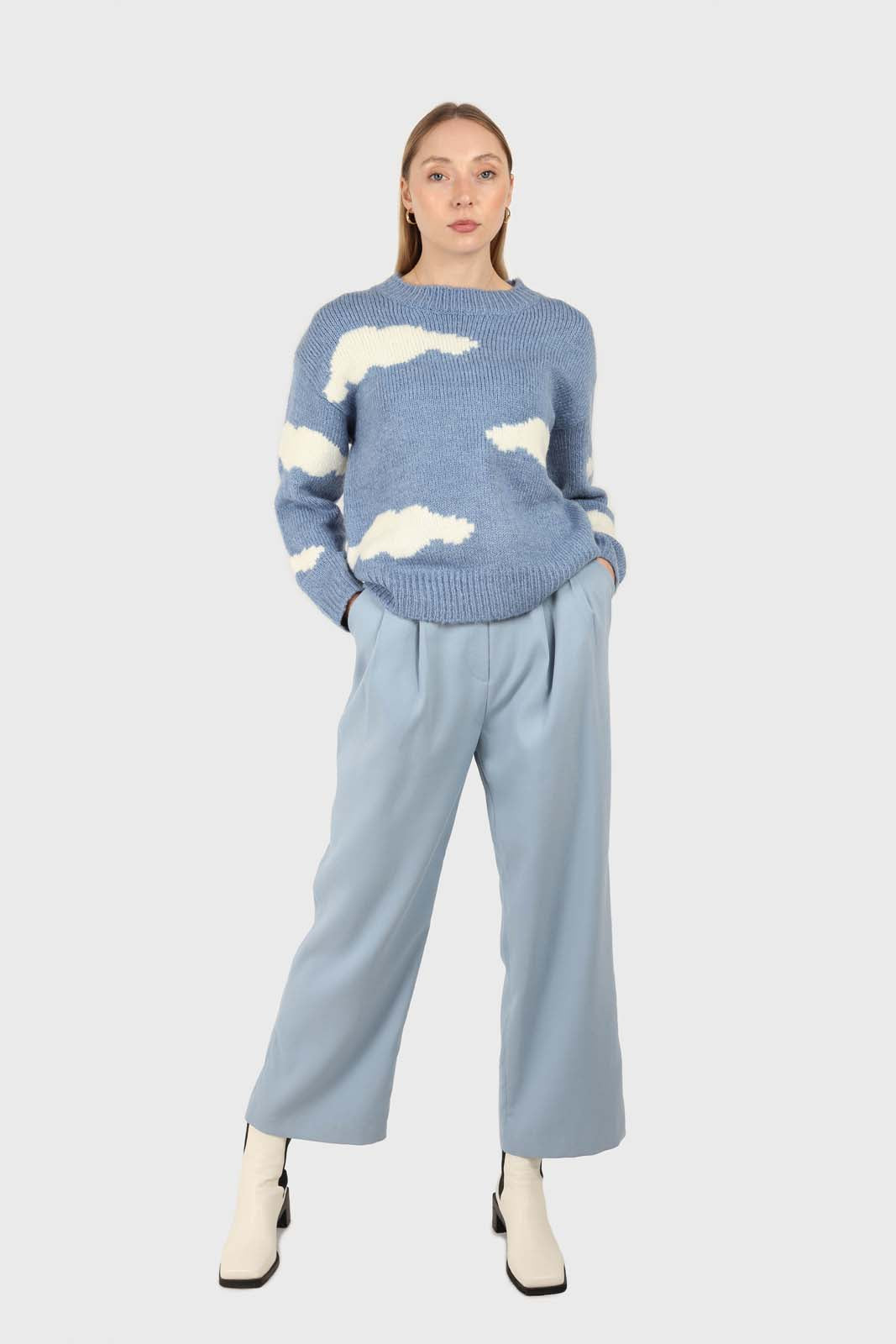 Mid blue wide leg tab waist smart trousers_8