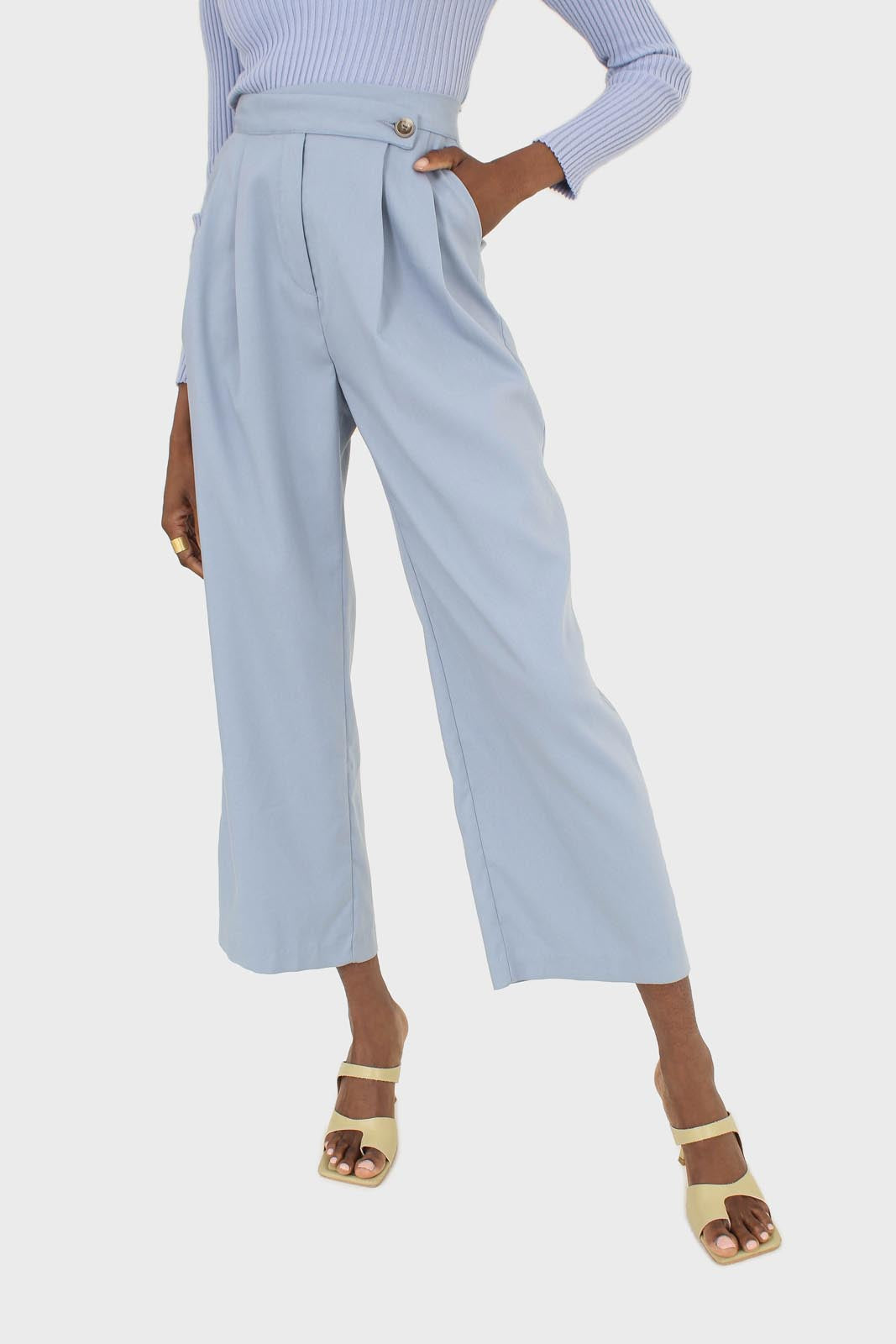 Mid blue wide leg tab waist smart trousers_1