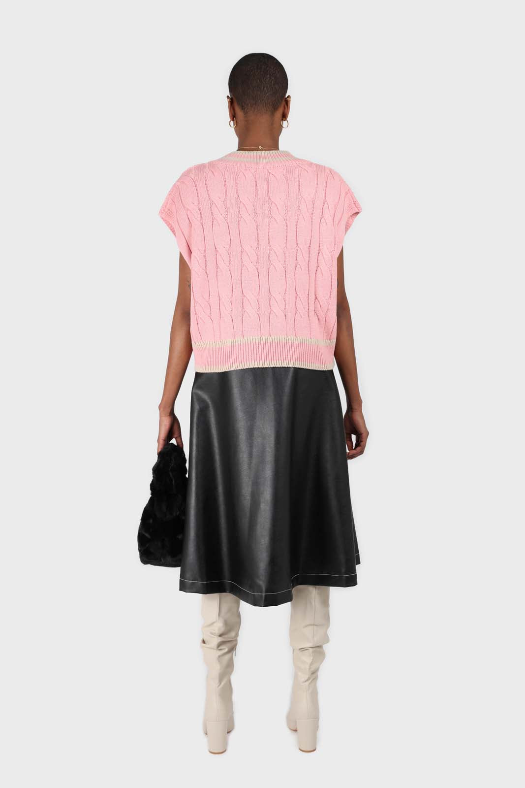 Black vegan leather contrast stitch button maxi skirt_3