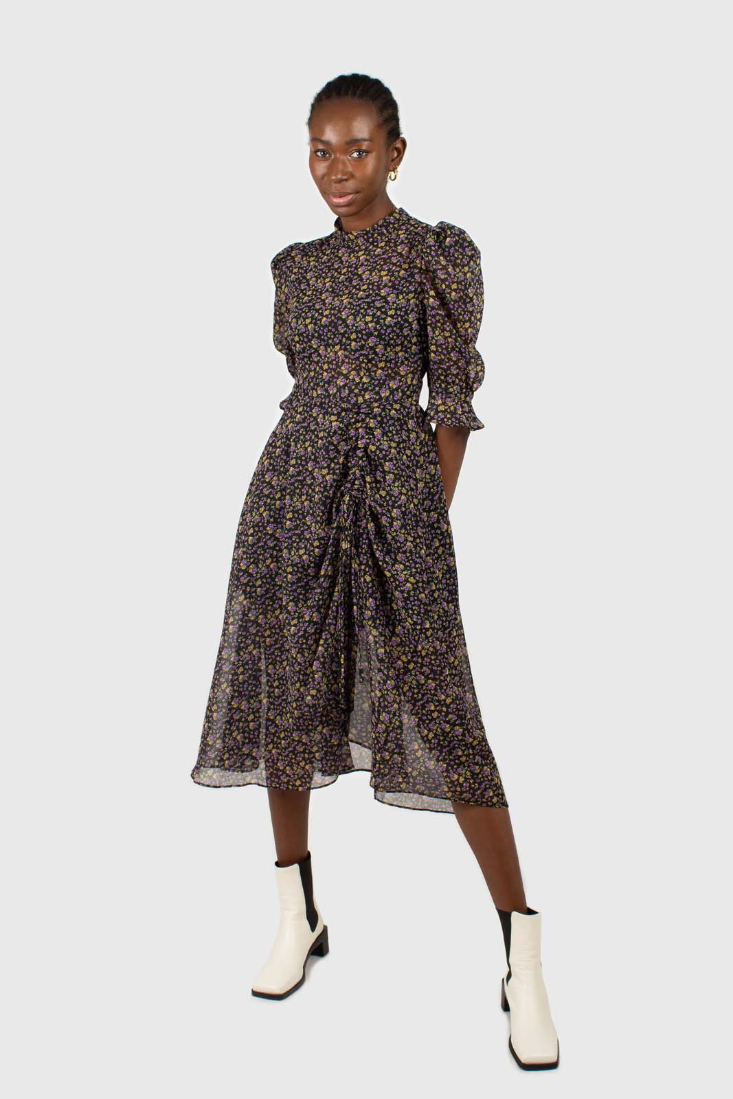 Black and purple yellow floral sheer midi dress_1