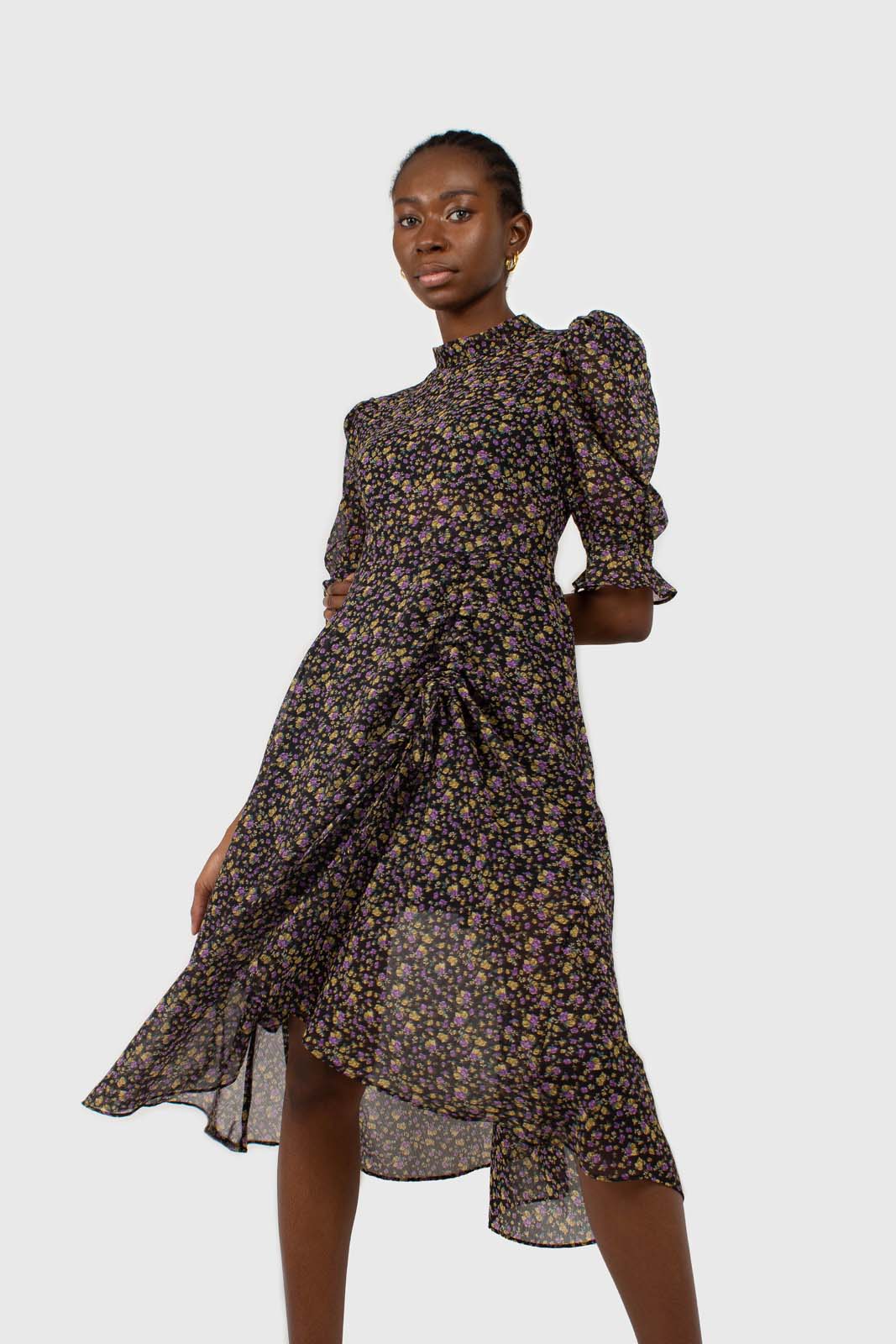 Black and purple yellow floral sheer midi dress_7