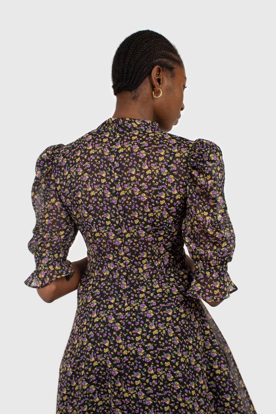 Black and purple yellow floral sheer midi dress_8