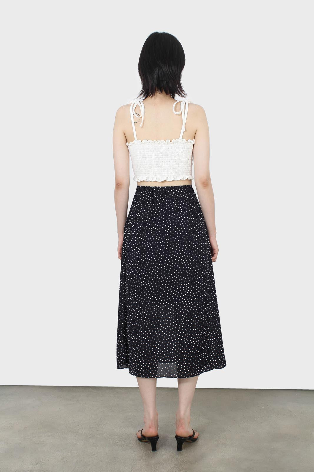 Navy and white polka dot flare midi skirt_5