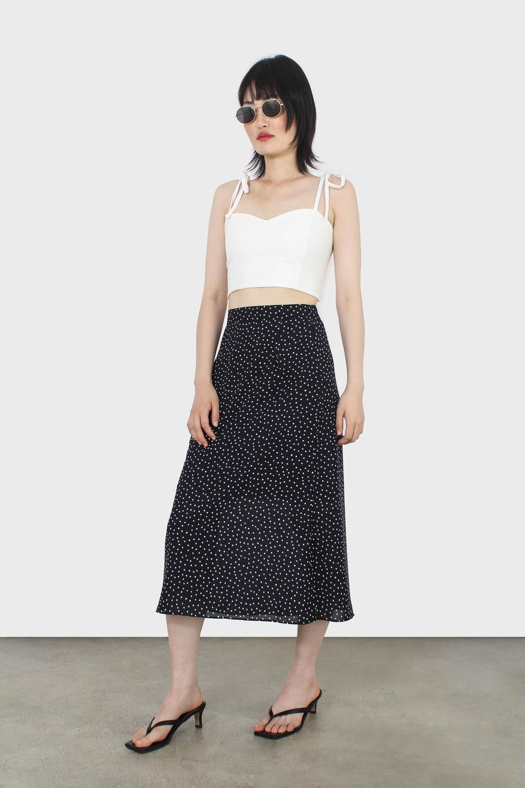 Navy and white polka dot flare midi skirt_2