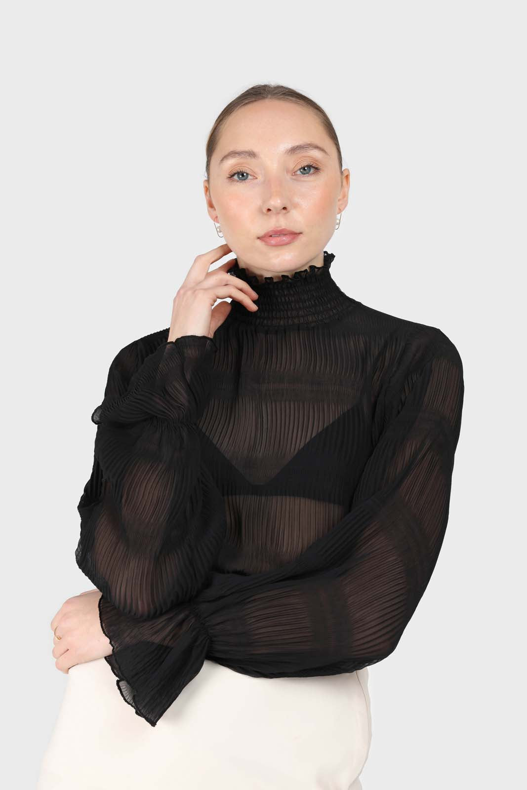 Black shirring neck sheer tiered blouse_1