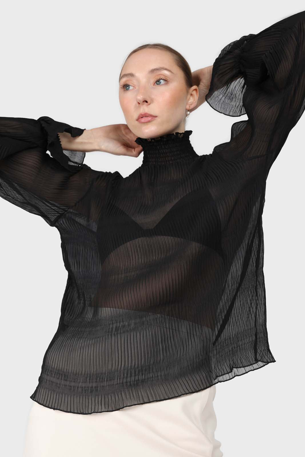 Black shirring neck sheer tiered blouse_4