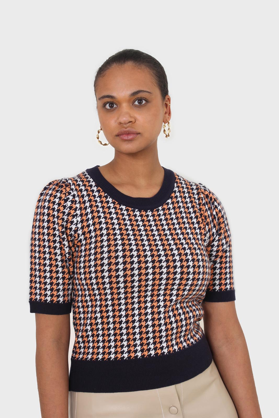 Black and orange check short sleeve knit top_1